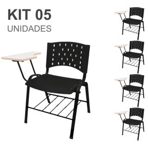 KIT 05 Cadeiras Universitárias c/ porta livros REALPLAST - Cor Preto 33013