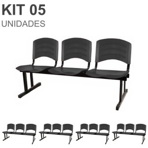 Kit 05 Cadeiras Longarinas PLÁSTICA 03 Lugares - Cor PRETO 33034
