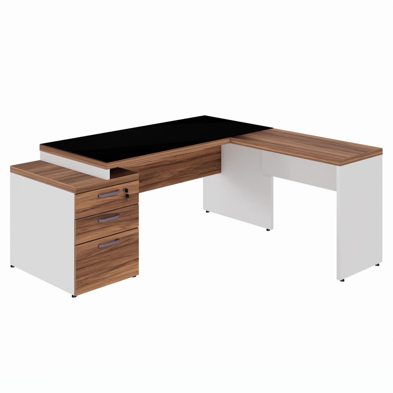 Mesa para Escritório em “L” com VIDRO FUMÊ – 1,92X1,60M NOGAL SEVILHA/BRANCO – 34432